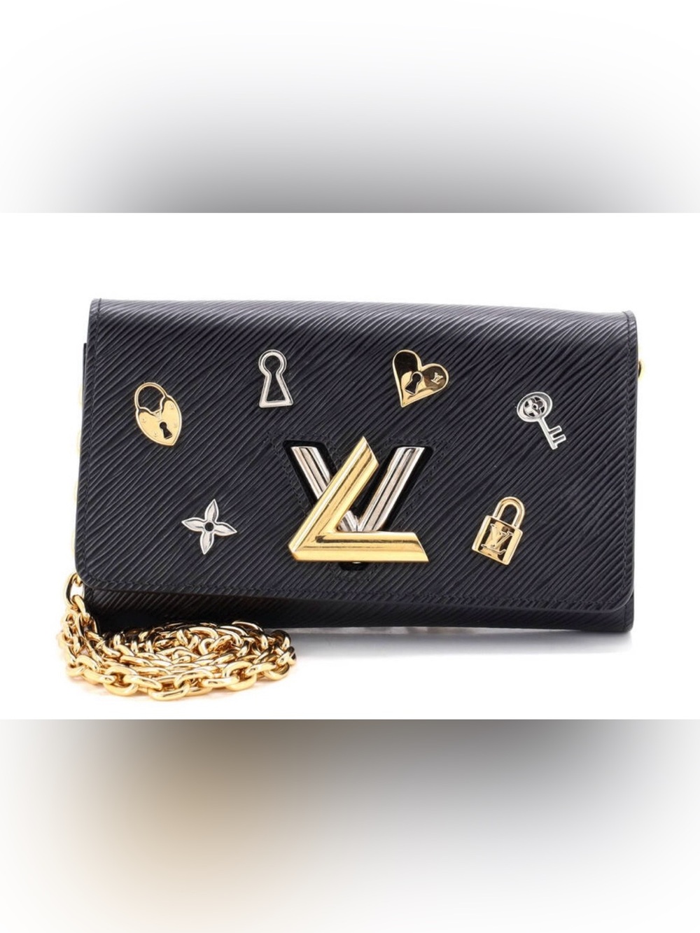 Louis Vuitton Black Epi Leather Chain Wallet with Gold Hardware